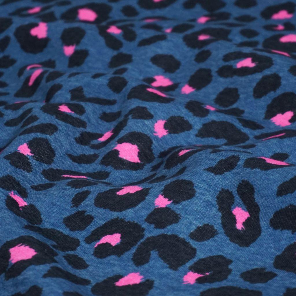 Preview: Sweat Stoff Leo Animalprint blau pink